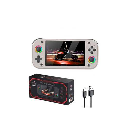Handheld gaming console with screen displaying a racing game, accompanied by its packaging and USB cable on a white background.