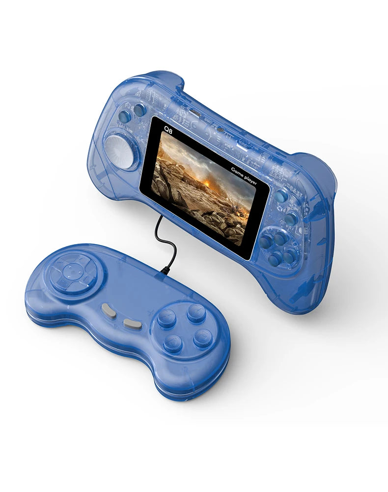Blue handheld gaming console with screen displaying a game on a white background