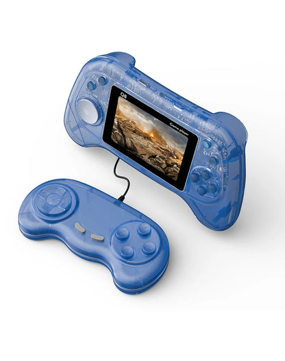 Blue handheld gaming console with screen displaying a game on a white background