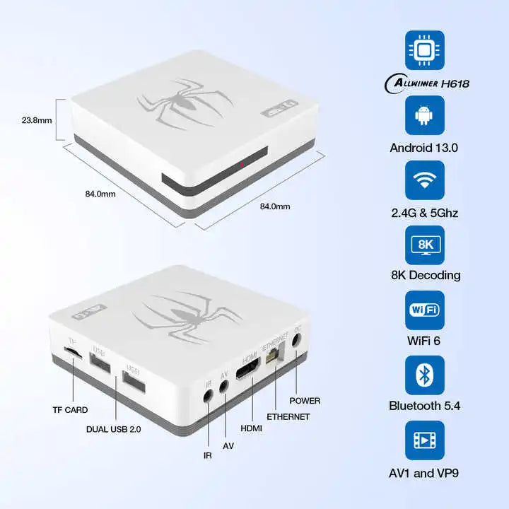 White electronic device with specifications on a light blue background