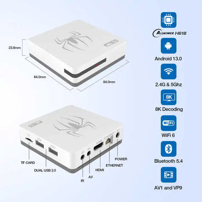 White electronic device with specifications on a light blue background
