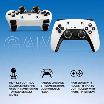 Two gaming controllers on a blue background with text describing features.
