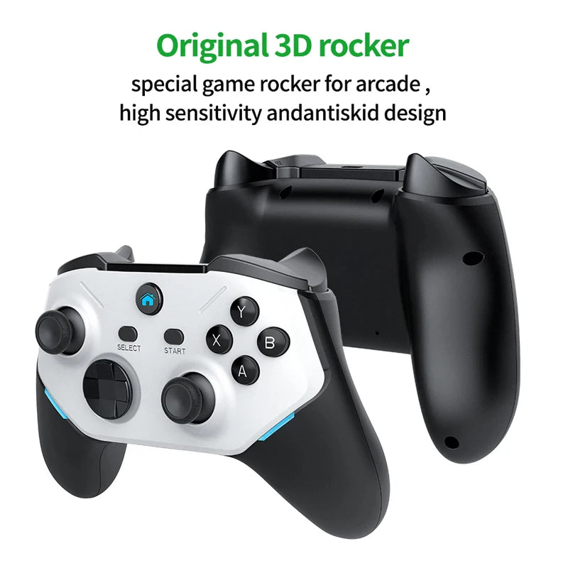 Black and white gaming controller with 3D rocker on a white background