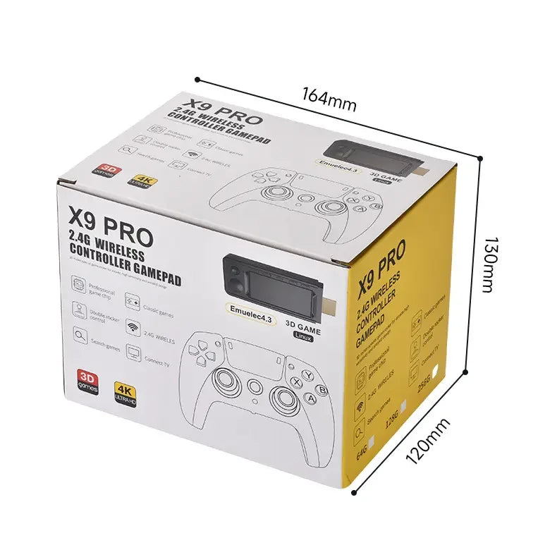 Box of X9 Pro 2.4G wireless controller gamepad with dimensions indicated