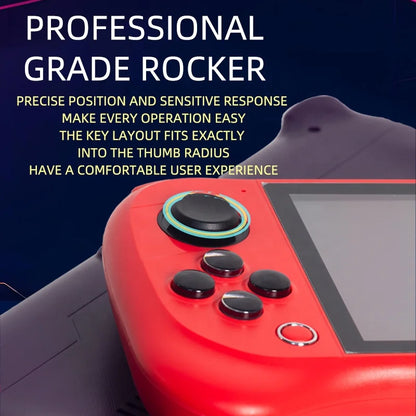Red handheld gaming console with control layout on a dark background