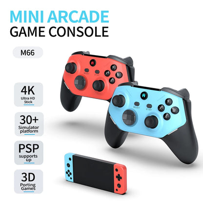 Mini arcade game console with two controllers on a white background