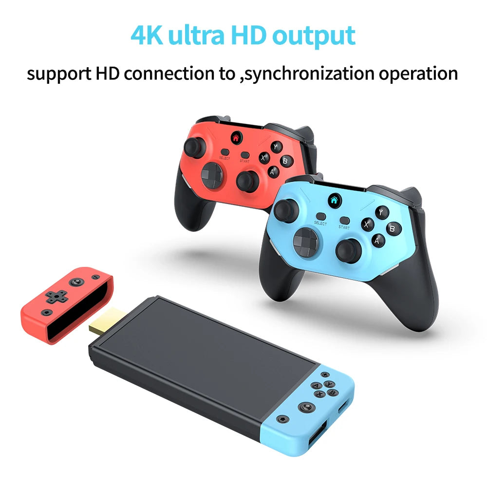Two gaming controllers, one red and one blue, with a USB adapter on a white background.