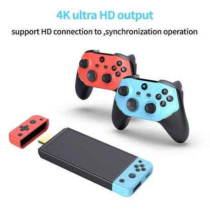 Two gaming controllers, one red and one blue, with a USB adapter on a white background.