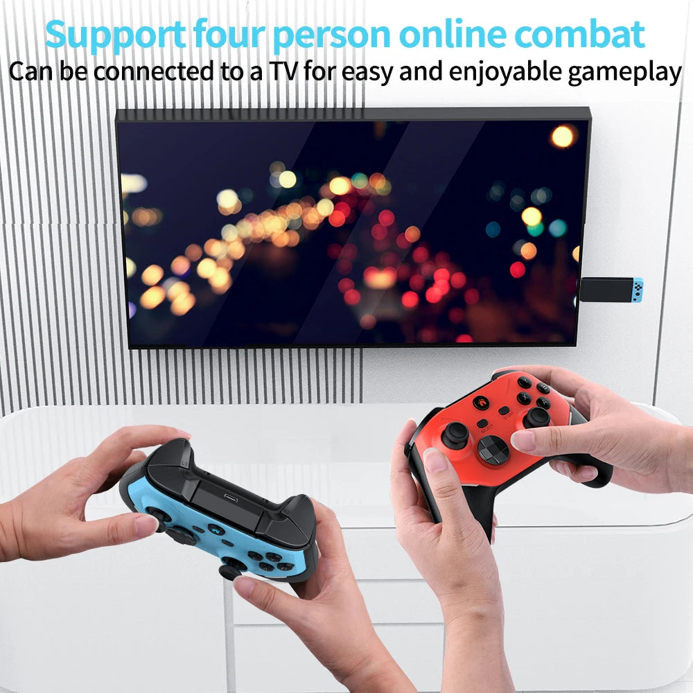 Two hands holding gaming controllers with a TV displaying a colorful screen in the background.