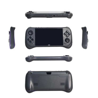 Handheld gaming console with various angles on a white background