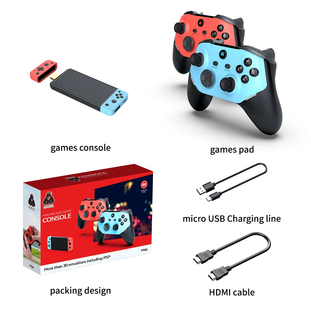 Gaming console set with controllers, charging line, HDMI cable, and packaging on a white background.