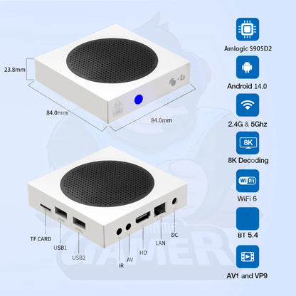 Technical specifications of a mini computer hardware device on a light blue background
