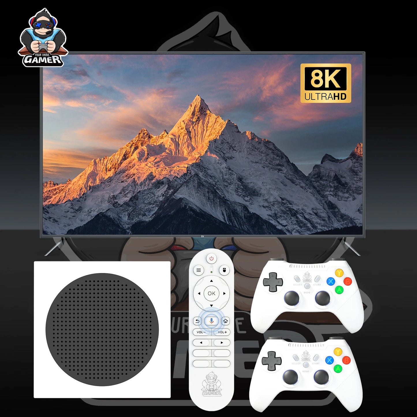 Gaming setup with TV displaying 8K Ultra HD mountain scene, remote control, and game controllers.