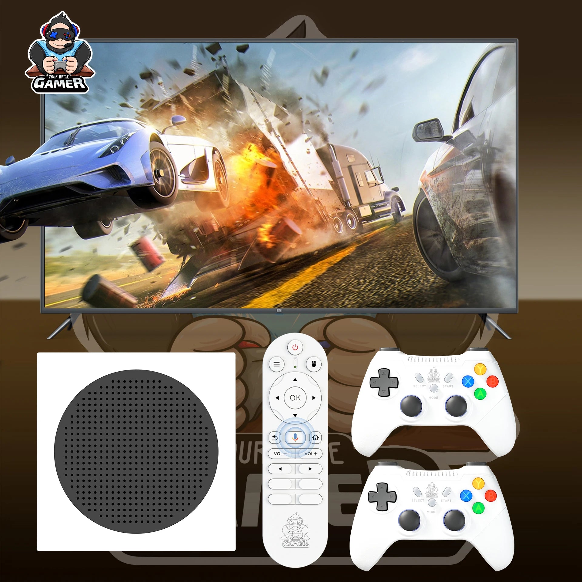 Gaming setup with TV showing a racing game, gaming console, remote control, and controllers on a brown background.