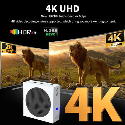4K UHD TV displaying a lion scene with text about video decoding engine and HDR10+ technology.