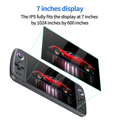Gaming console with 7-inch display showing a red car on screen