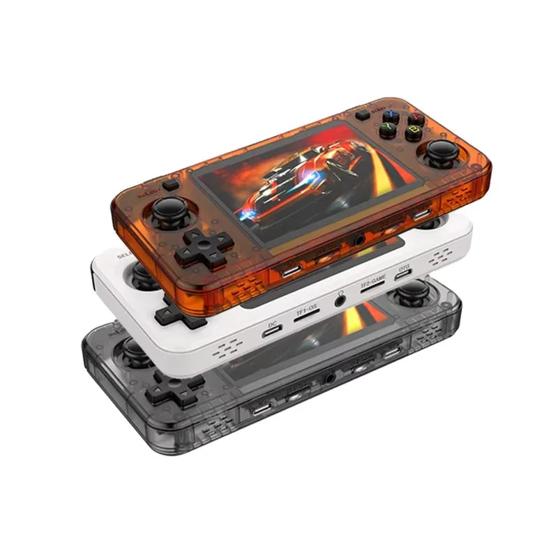 Stack of handheld gaming consoles with transparent and white designs on a white background