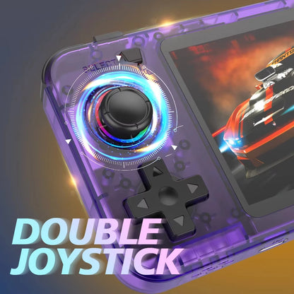 Gaming device with double joystick and transparent purple casing, screen displaying racing game.