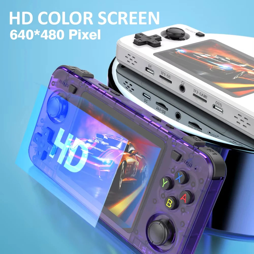 Gaming console with HD color screen and 640*480 pixel display on a blue background