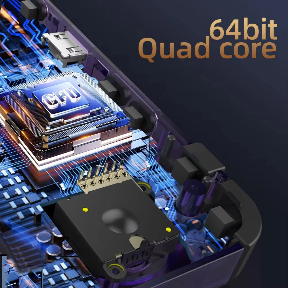 Close-up of a computer motherboard with '64bit Quad core' text on a dark background