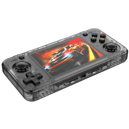 Handheld gaming console with transparent casing displaying a racing game on screen.