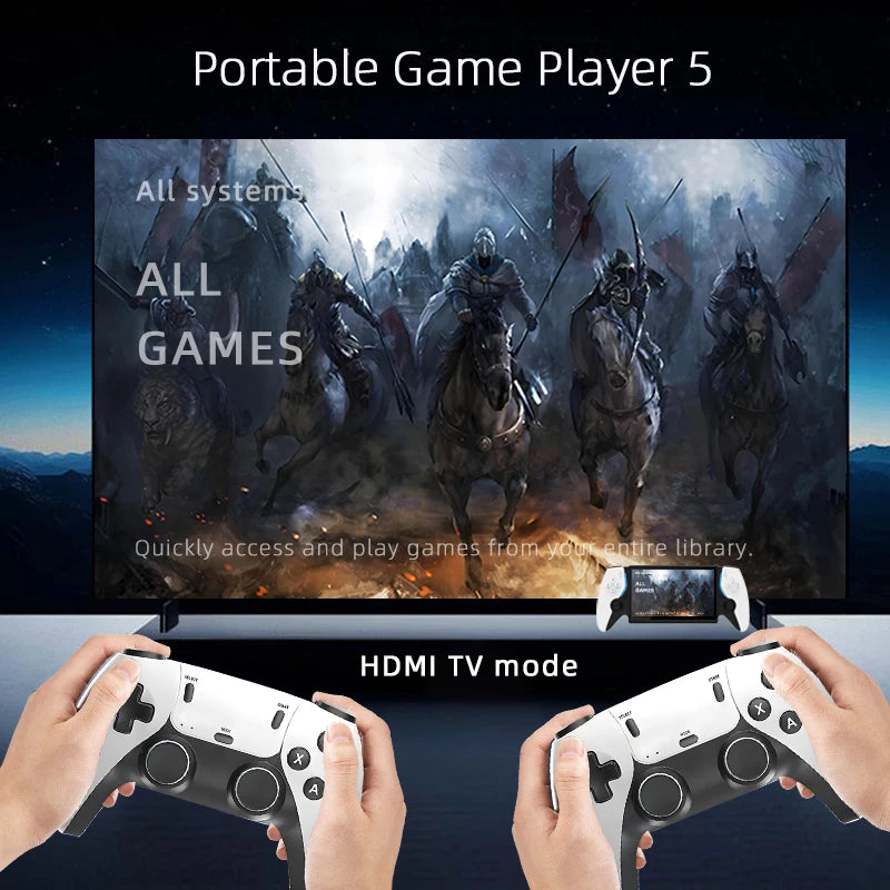 Portable game player with two controllers displaying a fantasy game scene on a screen.