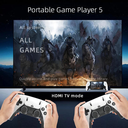 Portable game player with two controllers displaying a fantasy game scene on a screen.