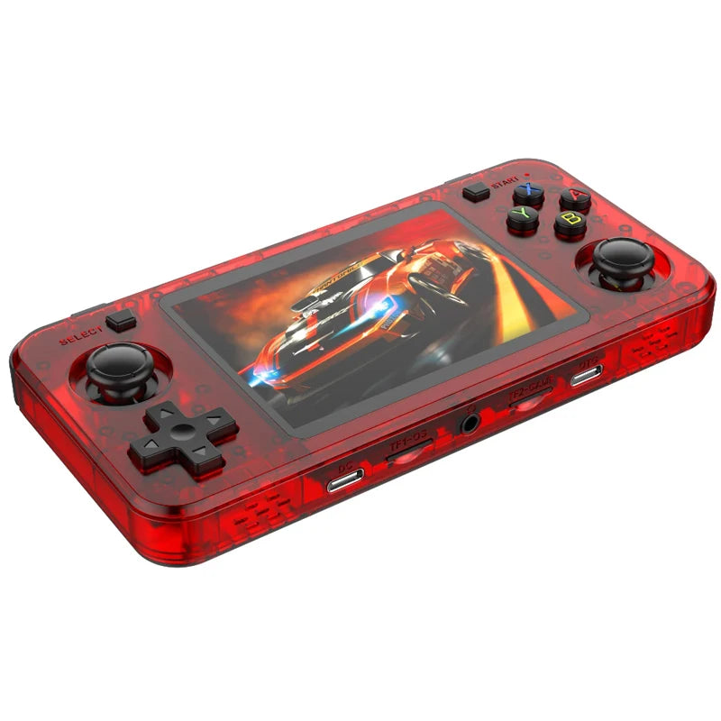 Handheld gaming console with red transparent casing on a white background