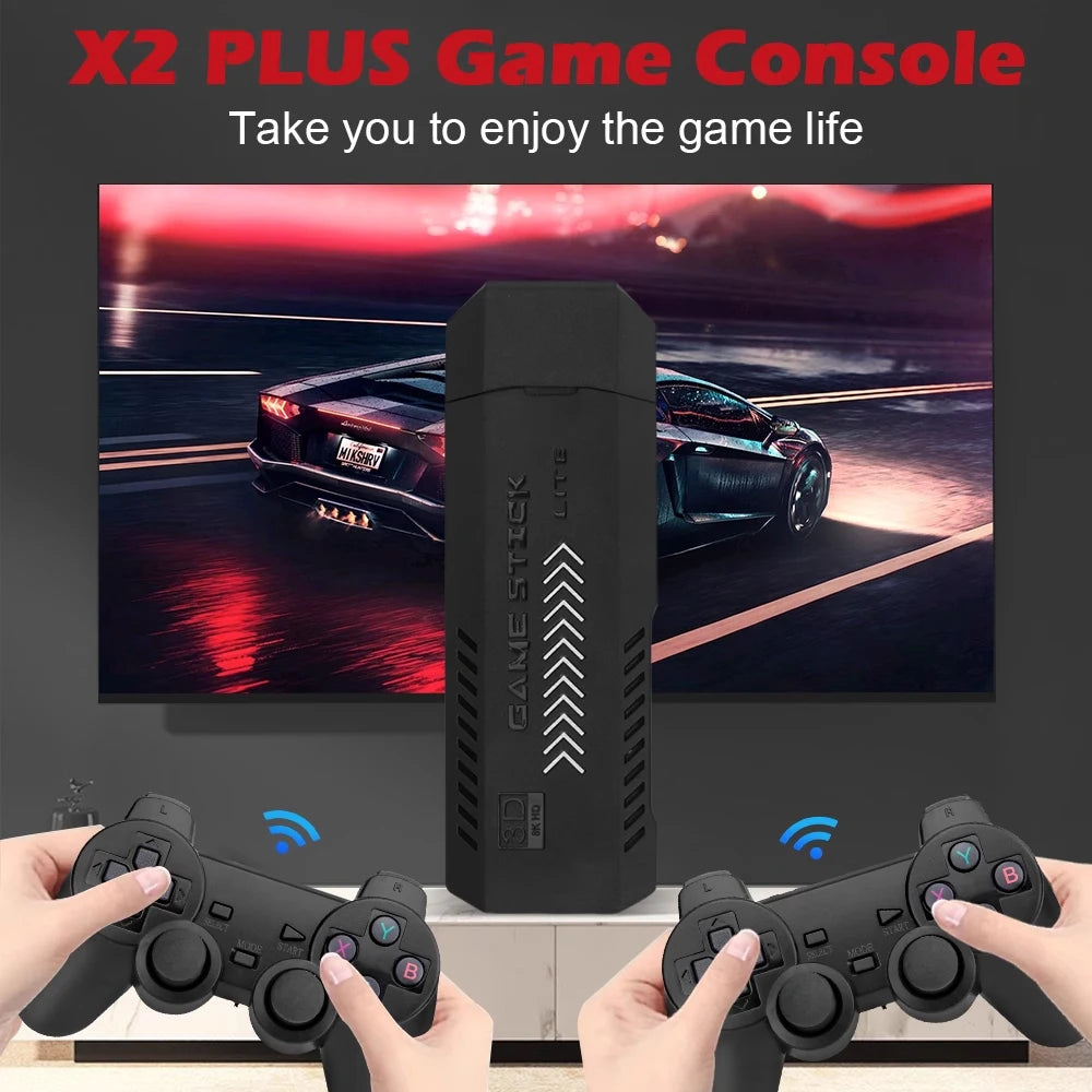 Game console with two controllers in front of a screen displaying a car racing game.