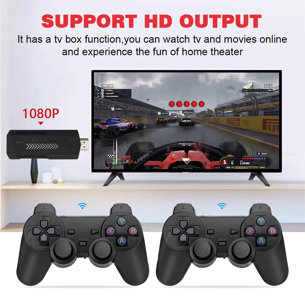 Gaming console with TV, controllers, and text about HD output and TV box function.