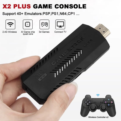 Game console with controller held by a hand, featuring text and icons on a white background.