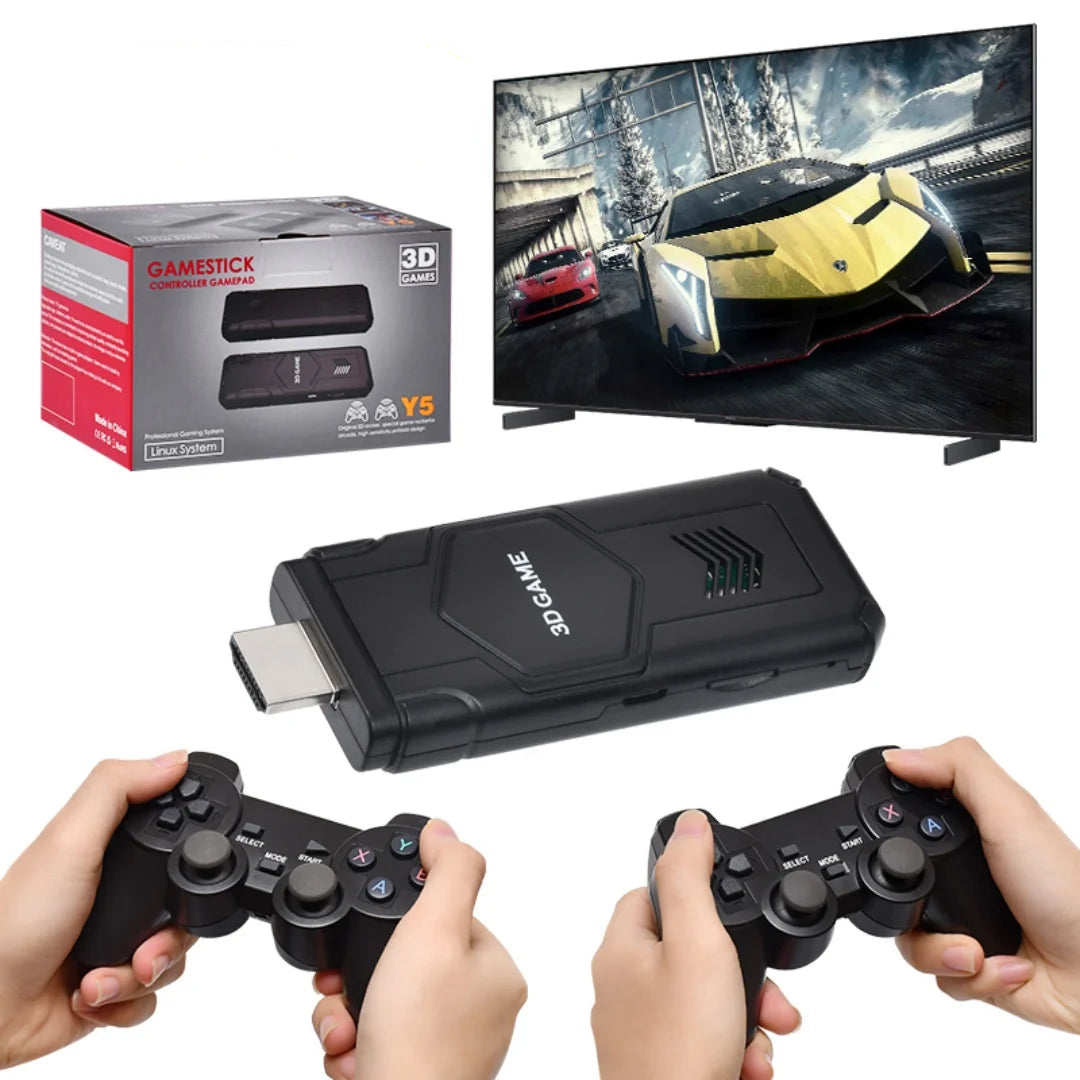 Gaming console with controllers and TV displaying a racing game, featuring the brand 'Gamegaga'.